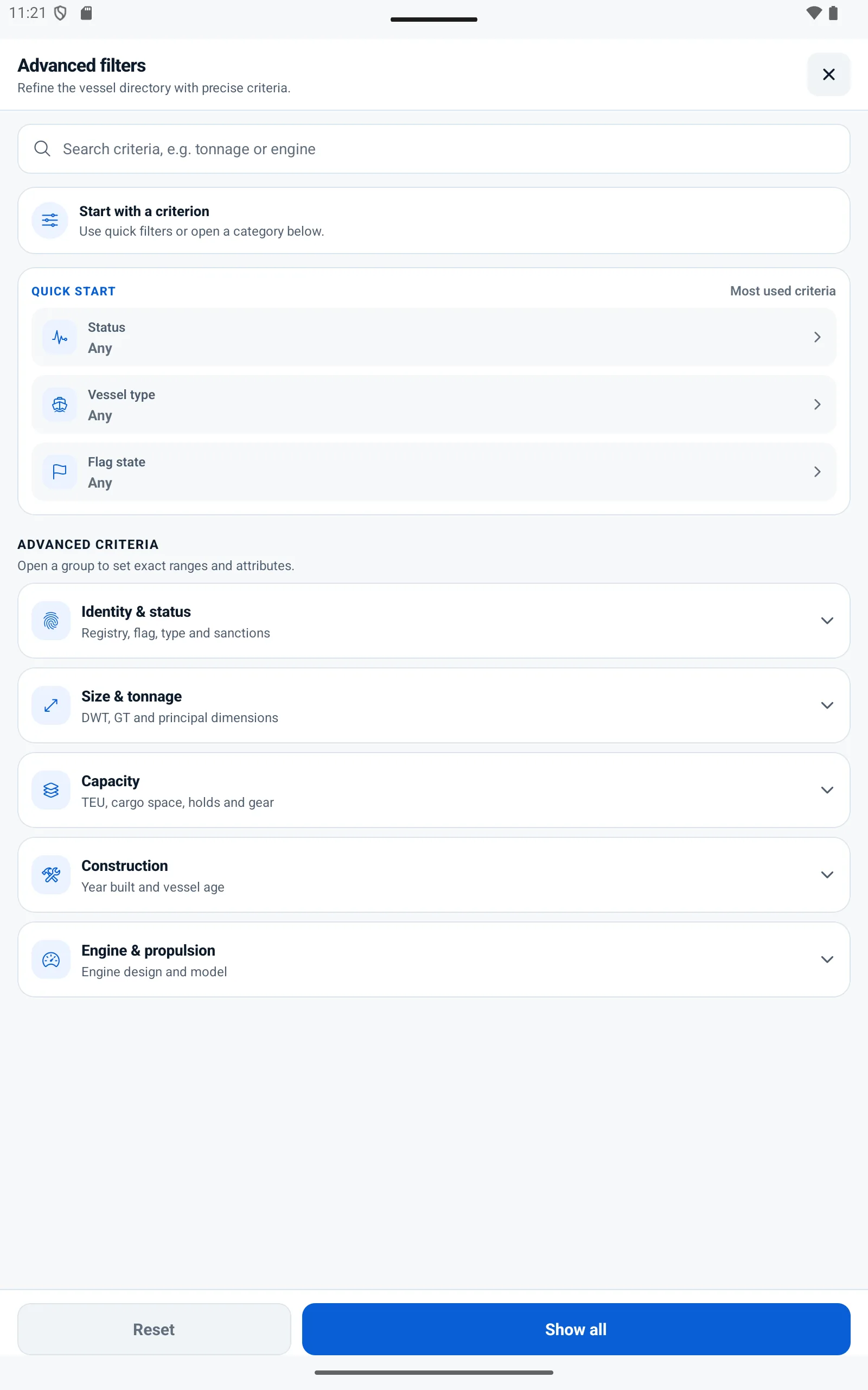 Actual advanced vessel filters with quick criteria and detailed categories