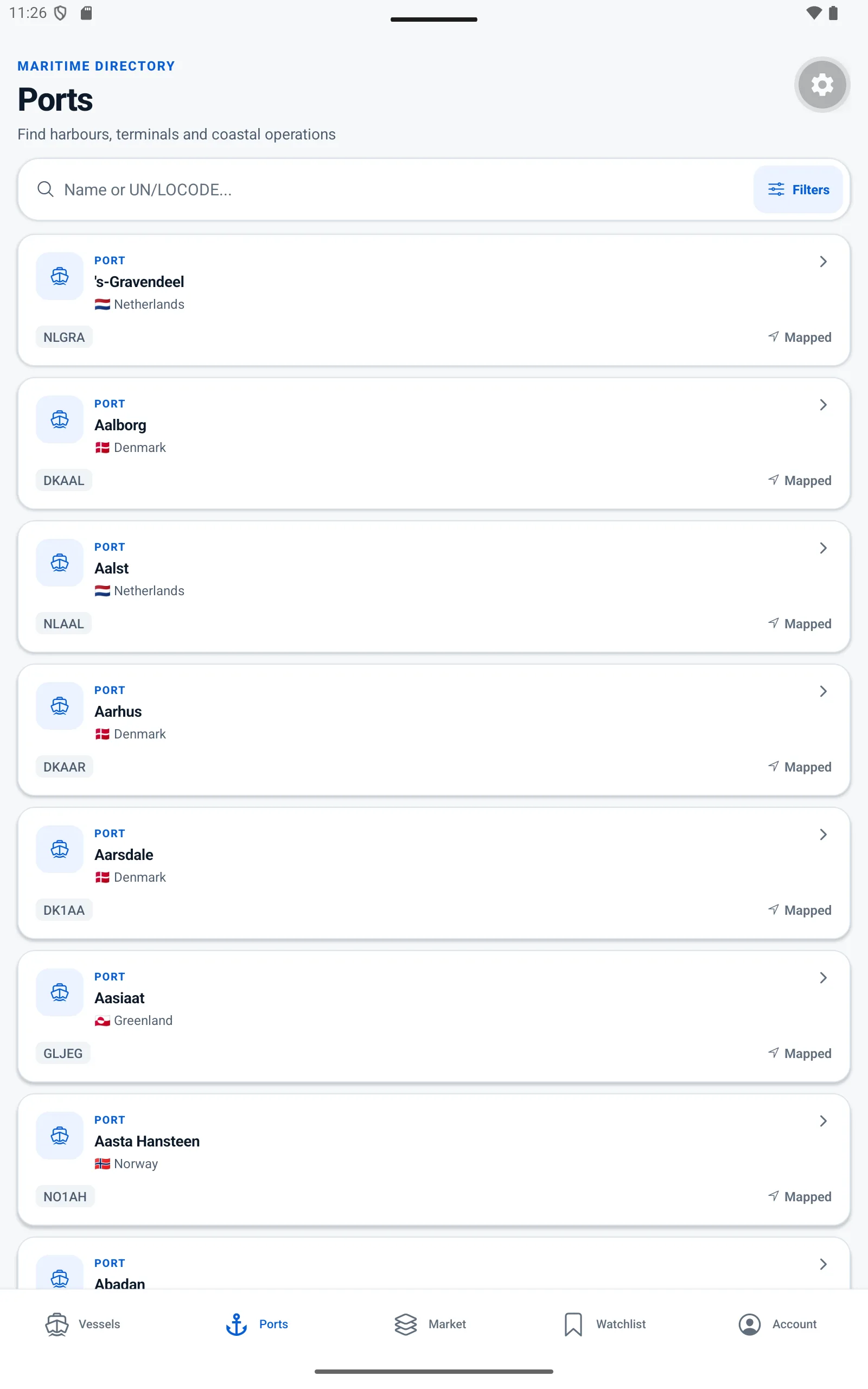 Vessels Info Ports directory with search by name or UN/LOCODE