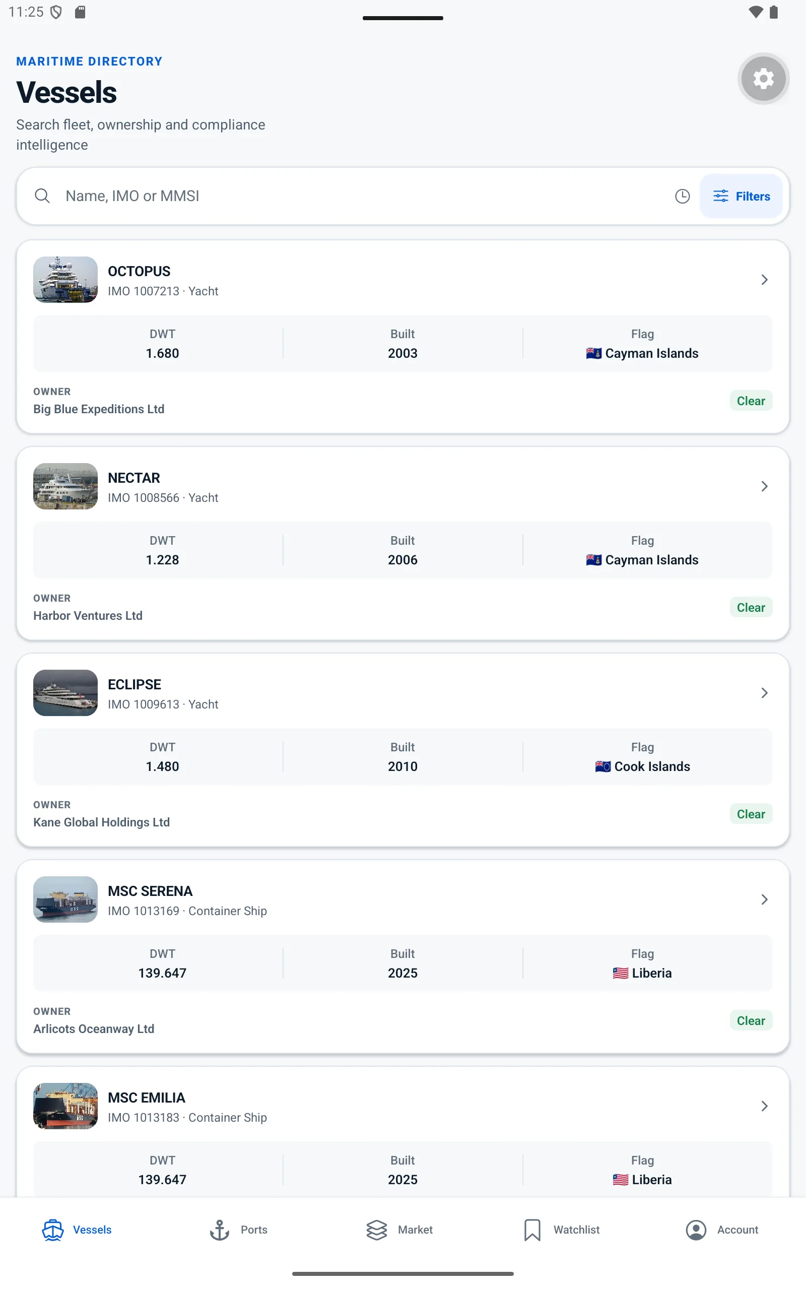 Actual Vessels Info directory showing multiple vessel records